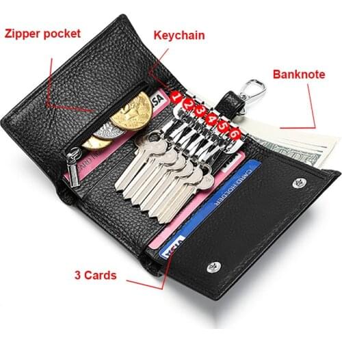 Genuine Leather Key Holder Wallet Organizer Car Key Bag Housekeeper Keys Case with Zipper Coin Purse & Card Holder