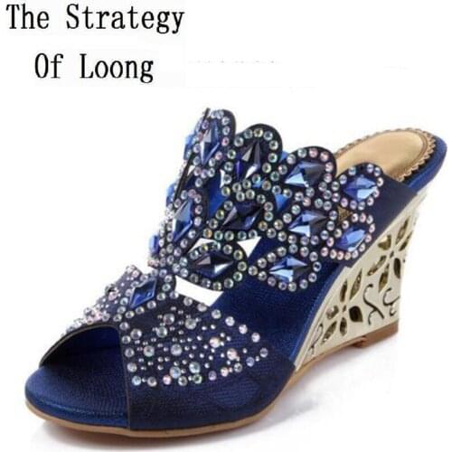 Women 2019 Summer New High Heel Open The Toe Rhinestone Fashion Genuine Leather Slippers Wedges Big Size 33 42 43 Sexy Sandals