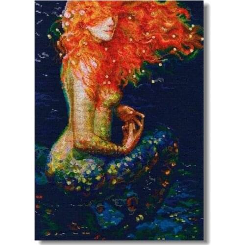 Lovely Counted Cross Stitch Kit Red Hair Mermaid and Blue Sea