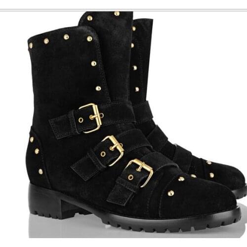 Fashion women ankle boots round toe med chunky heels gold buckle&rivet decoration women Autumn boots dress studded shoes black