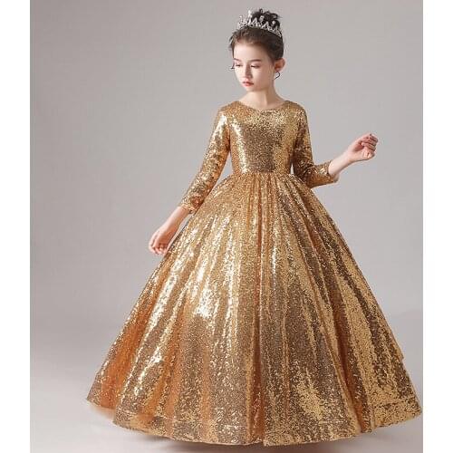 2020 New Gold Sequins Flower Girls Dress O-neck Girls Evening Dress Princess Dresses Vestido de niña ET0405