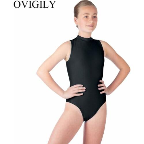 OVIGILY Girls Black Sleeveless Turtleneck Leotards For Gymnastics Kids Shiny Stretchy Ballet Dance Leotard Bodysuit Show Costume