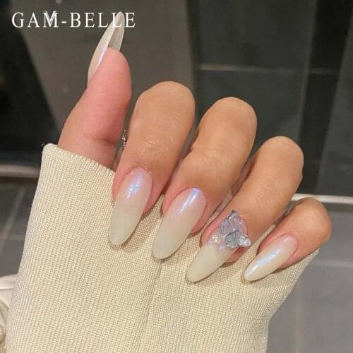 GAM-BELLE Professional Holographic Glitter False Nails 3D Butterfly Long Oval Full Cover Press On Nails Manicure Beauty Tools