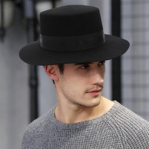New Autumn Winter Fedoras Hat Mens Wool Flat Top Jazz Fedora Cap Adult Male Euro-American Black Church Party Outdoor Hats H7220