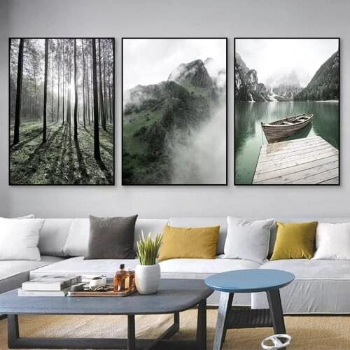 Modern Tree Boat Mountain Posters Landscape Canvas Painting Wall Art Pictures For Living Room Home Decor Green Indoor Decoration