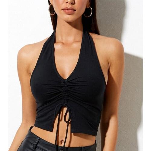 2021 Fashion Women Solid V-Neck Sexy Halter Tank Tops Knitted Ruched Drawstring Crop Slim Fit Camisole Club Summer Streetwear