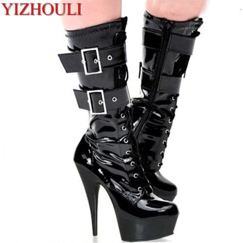 Dance Shoes 15CM super high heel, sexy patent leather elastic boots of the night field adjustment belt buckle high boots