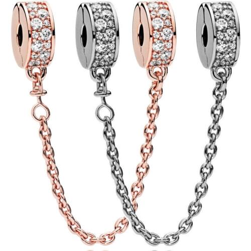 Original Rose Shining Elegance With Crystal Clip Safety Chain Beads Fit 925 Sterling Silver Charm Bracelet Bangle Diy Jewelry