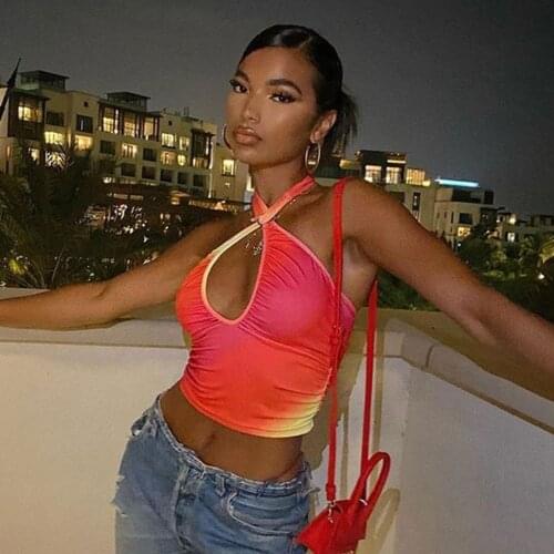 Women Summer Vest Top Ladies Tie-Dye Lace-Up Halter Neck Low-Cut Sleeveless Backless Crop Tank Tops for Girls Orange