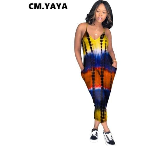 CM.YAYA Women Jumpsuit Print Sleeveless Strap V-neck Loose Pencil Jumpsuits with Pockets Casual One Piece Overalls Summer Outfit