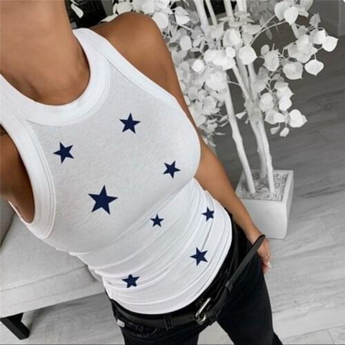 Women Summer Star Print Solid Color Tank Top Fashion Casual Vest Casual O-Neck Sleeveless Vest Female Tops