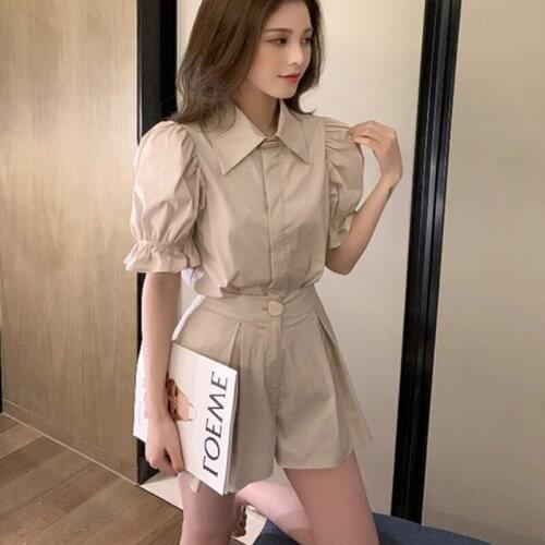 Tops Women 2021Summer Casual Commuter Retro Shirt Shorts Suits For Women Puff Sleeve Tops&High Waist Wide Leg Shorts 2 Piece Set