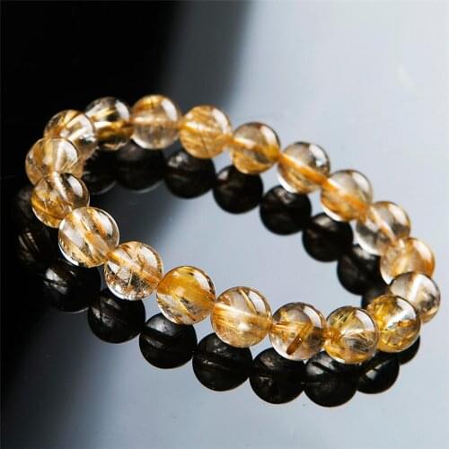 10.5mm Natural Genuine Gold Rutilated Quartz Crystal Round Beads Jewelry Stretch Charm Bracelets For Women