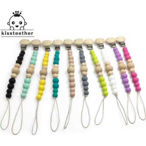 10pcs Baby Silicone Teether Wooden Pacifier Clip Newborn Baby Soother Clip Chew Beads DIY Natural Baby Teething Grasping Toy