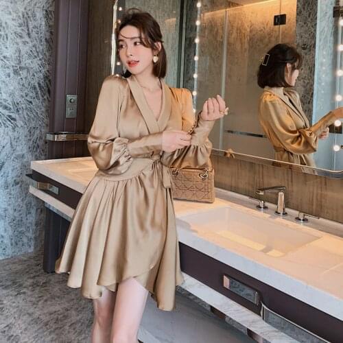 2020 Autumn High End Vintage Khaki Womens Dresses Long Sleeve V Neck Bandage Asymmetrical for Women Party Night Dress Vestidos