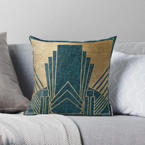 Art Deco Glamour - Teal And Gold Throw Pillow Cushion Cover Polyester Throw Pillows Case On Sofa Home Living Room Car Seat Decor