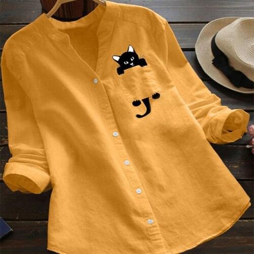 Cat Print Shirt Casual Wear Button Up V Neck Long Sleeve Cotton Blouse Plus Size Loose Tunic Spring Women Clothing Dropshipping
