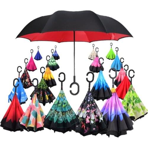 Ceiourich Popular C Handle Umbrella Double Layer Car Reverse Umbrellas With Pothook Windproof UV Protection Umbrella