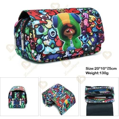 Shark Leon Kids Stars Print Pencil Case Game Canvas Stretch Double Layer Large Capacity Pencil Box Cute Kids School Stationery