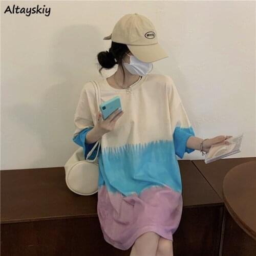 T-shirts Women Loose Fashion Tie Dye Casual Gradient Hit The Color Summer Couples Harajuku All-match Simple Preppy College Teens