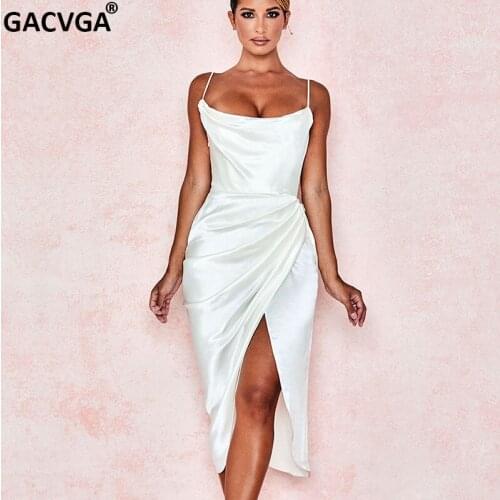 GACVGA 2021 Sexy Spaghetti Strap Backless Summer Dress Women Satin Mid Long Dress White Black Elegant Bodycon Party Dresses