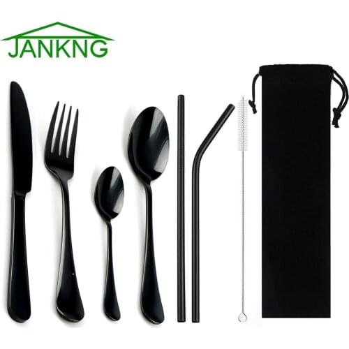 JANKNG 8-Pcs Black Dinnerware with Metal Straw Stainless Steel Colorful Tableware Steak Knife Fork Teaspoon Dinner Cutlery Set