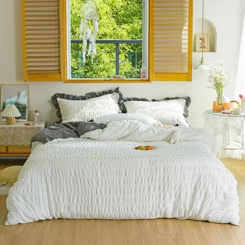 Bedding set Three dimensional seersucker + washed cotton pure color ground wool bed sheet quilt cover pillow case 3 / 4pcs