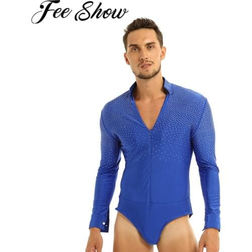 Men Shiny V-neck Latin Stage Dance Wear Male Man Ballroom Tango Rumba Dance Shirt Tops Stand Collar Gymnastics Leotards Bodysuit