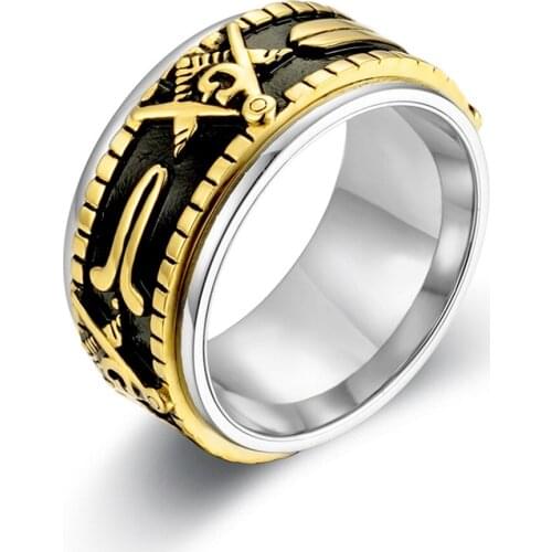 Gold Color Stainless Steel Masonic Steampunk Mens Rings Freemasonry Rotate Gothic Accessories Cool Punk Gifts Vintage Ring