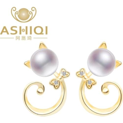 ASHIQI Genuine 925 Sterling Silver Cat Stud Earrings 6-7mm Natural Freshwater pearl Dazzling Zircon for Women & Girls gift