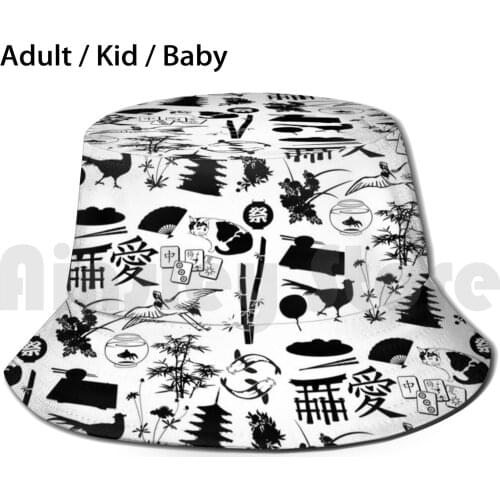 Clipart Asia Pattern Sun Hat Foldable UV Protection Pattern Cat Bird Lamp Nature Fish Koi Temple Shishi Bamboo Sakura