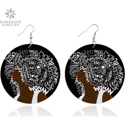 SOMESOOR African Dope Woman Wooden Drop Earrings With Postive Words Afro Natural Hair Design Photos Wood Jewelry For Women