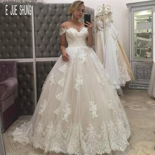 E JUE SHUNG Modern New Ball Gown Wedding Dresses Off Shoulder B Lace Up Full Lace Appliques Wedding Gowns robe de mariee
