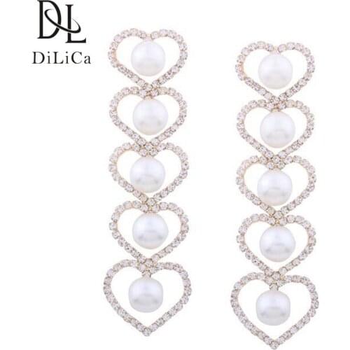 DiLiCa Fashion Imitation Pearl Earrings Women Rhinestone Heart Statement Earrings Long Drop Earring Dangle Jewelry