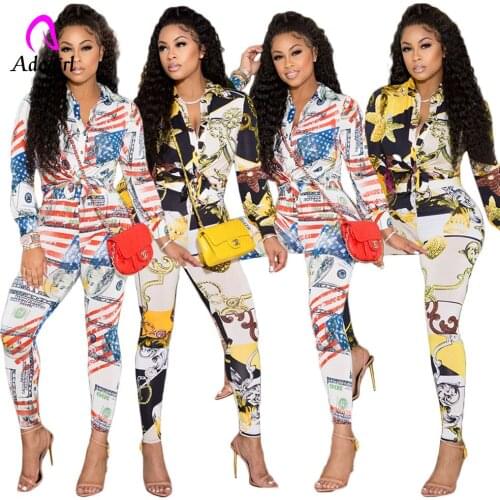 Dollar Printed Women 2 Piece Set Long Sleeve Shirts + Skinny Pants Matching Set 2021 Autumn Fitness Workout Streetwear Tracksuit