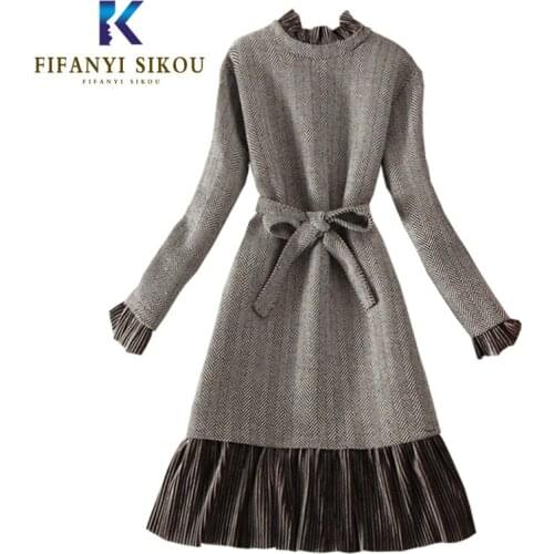 Autumn Winter Dress Women 2020 New Fashion Splice Long sleeve Slim Knitting Dress With belt Ladies Elegant O-Neck Dresses