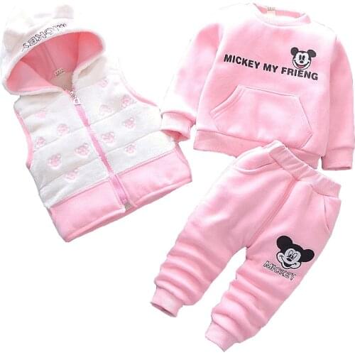Winter Toddler Boys Girls Mickey Clothing Sets Kids Thick Warm Woolen Vest Hooded Jackets Coat +Pants 3Pcs Clothes Infant Suits