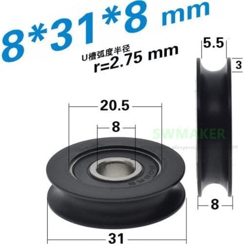 1pcs 8*31*8mm U groove 608 bearing pulley, POM rolling guide wheel , black
