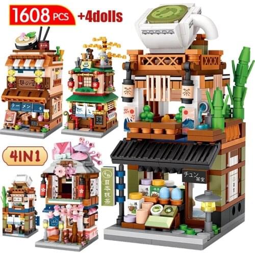 1608pcs City Street Hot Spring Noodles Sakura Kimono Tea Shop Store Architecture Mini Blocks Bricks Building Toy for Children