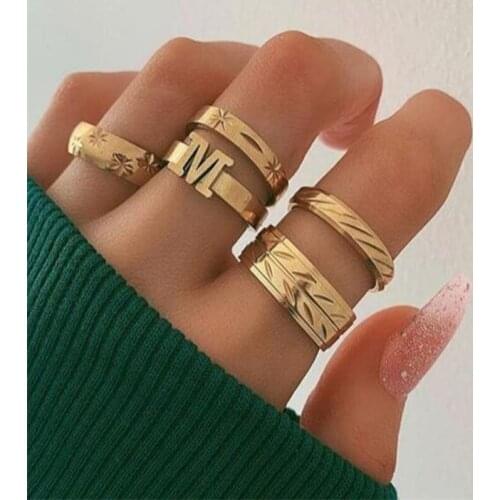 5pcs/set Gold Letter M Rings for Women Vintage Leaf Branch Star Ring Set Knuckle Jewelry Gift