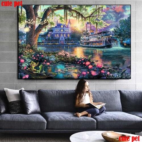 Diamond Embroidery Sunset over the castle lake view tree boat 5D Diamond Painting Cross Stitch Kits Mosaic New Arriva Decoration