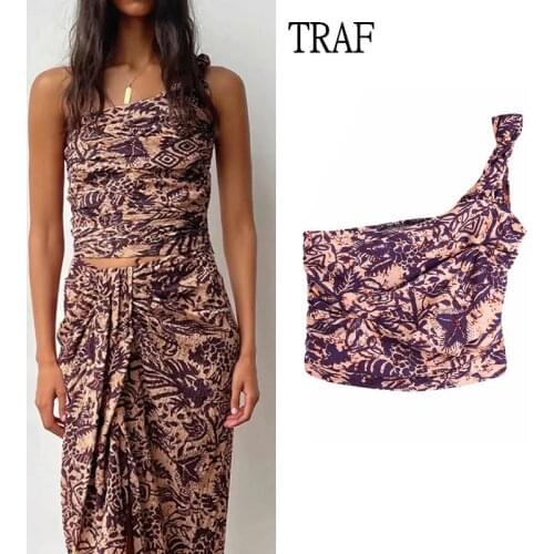 TRAF Za 2021 Womens Blouses Vintage Print Asymmetric Crop Top Women Clothing Ruched Off Shoulder Tops Woman Summer Shirts Suit