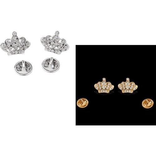 2 pair Vintage Crystal Crown Fashion Blouse Shirt Collar Tips Brooches Pins