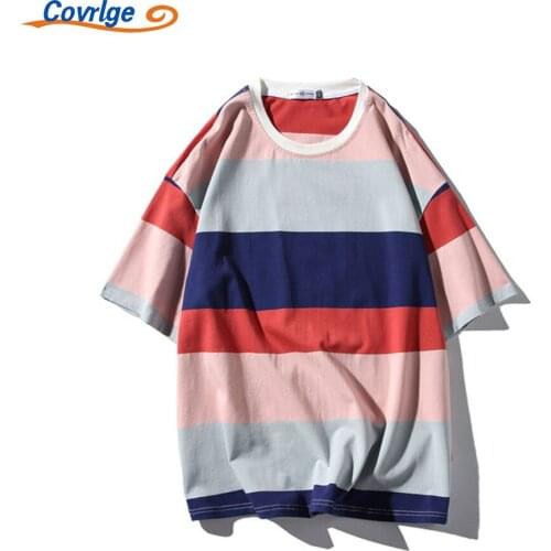 Covrlge New Mens T-shirt Daily Stripes College Style Vitality Color Matching Loose Large Size Couple Outfit Cotton Top MTS691