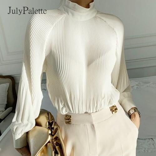 JulyPalette Stand Collar Chiffon Blouse Casual Solid Lantern Sleeve Women Shirt Spring Summer Pleated Loose Office Ladies Blouse
