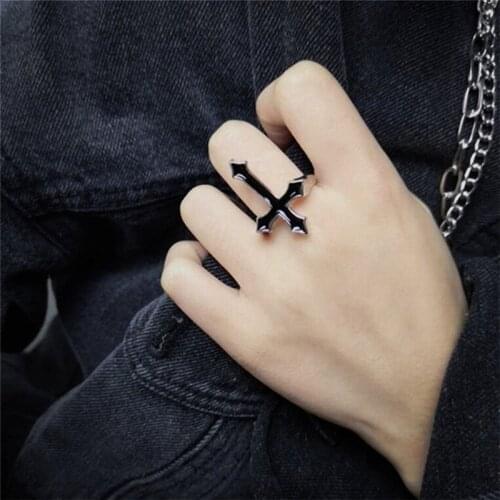 Vintage Black Cross Ring Index Finger Ring Harajuku Punk Style Adjustable Open Jewelry For Women Party Men Trendy