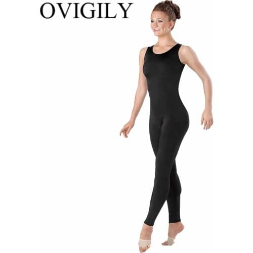 OVIGILY Women Nylon Black Tank Unitard Adults One Piece Lycra Ballet Sleeveless Full Body Tight Jumpsuit Dance Costumes Bodysuit