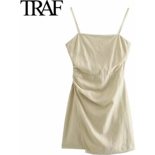 Traf 2021 Summer Clothing Women Club Party Dress Vintage Bodycon Slim Strap Sleeveless Sexy Dress Short Prom Dress