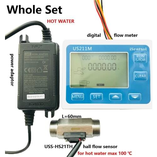 Hot Water Set US211M Digital Water Flow Meter with SUS304 Stainless Steel USS-HS21TH 1-30L/min Hall Water Flow Sensor Reader