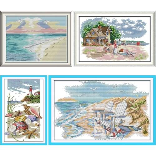 Joy Sunday Embroidery Needlework Cross-Stitch Kits Stamped Print Scenery Patterns 11CT 14CT A Quiet Beach Counted Home Decor Set